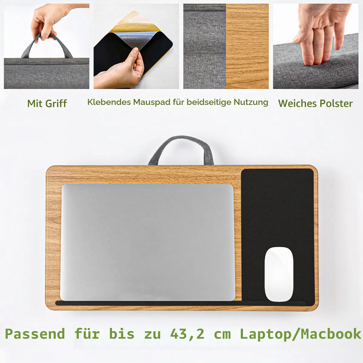 Laptopkissen Schoß, Homeoffice Kissentablett mit Kissen, Laptoptisch fürs Bett/Couch/Sofa, Laptopunterlage für max. 17 Zoll Notebook, Tablet, 30.5 x 57 x 4.5 cm, Größe L – Holzoptik