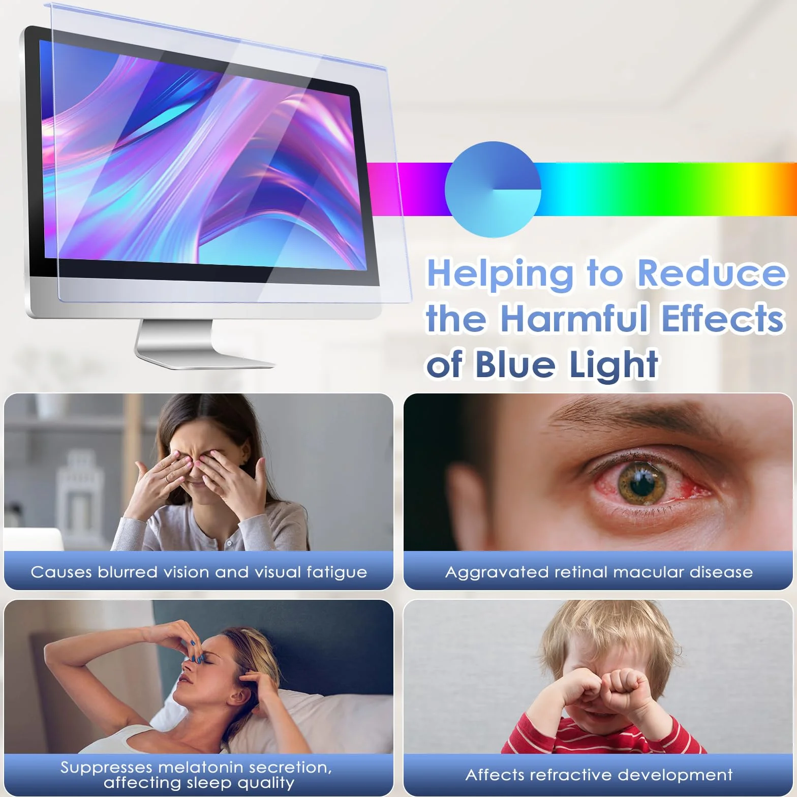 Qoosea 27 Zoll Blaues Licht Blockierung Bildschirmschutz für Computermonitore Universelle Passform 612.6x356mm Blendfrei UV-Schutz für langes Arbeiten und Spielen (27" 16:09)