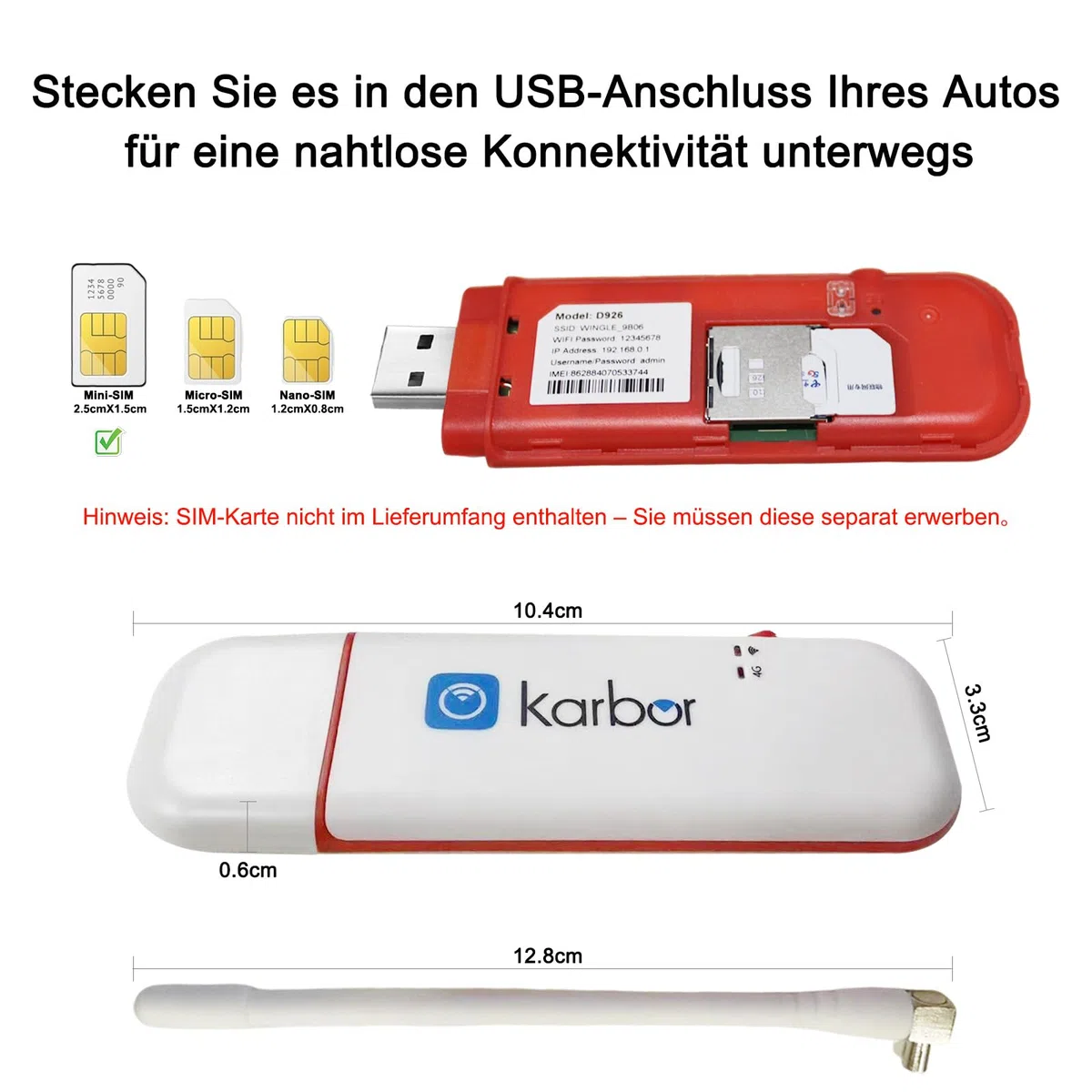 4G LTE WLAN-USB-Modem, 300 Mbit/s kostengünstiger WLAN Stick USB-Mobil-Breitband-Dongle, verbindet bis zu 10 Geräte, ideal für Geschäft und Reisen (1 Stück Externe Antenne enthalten)