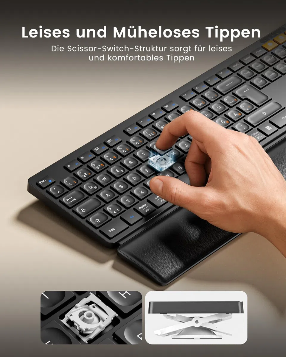 ProtoArc Kabellos Bluetooth Tastatur Maus Set, KM60 Full-Size Tastatur und Maus mit Handballenauflage, Wiederaufladbar, 2.4GHz + Dual Bluetooth, QWERTZ Deutsch, für PC, Computer, Mac, Windows, Schwarz