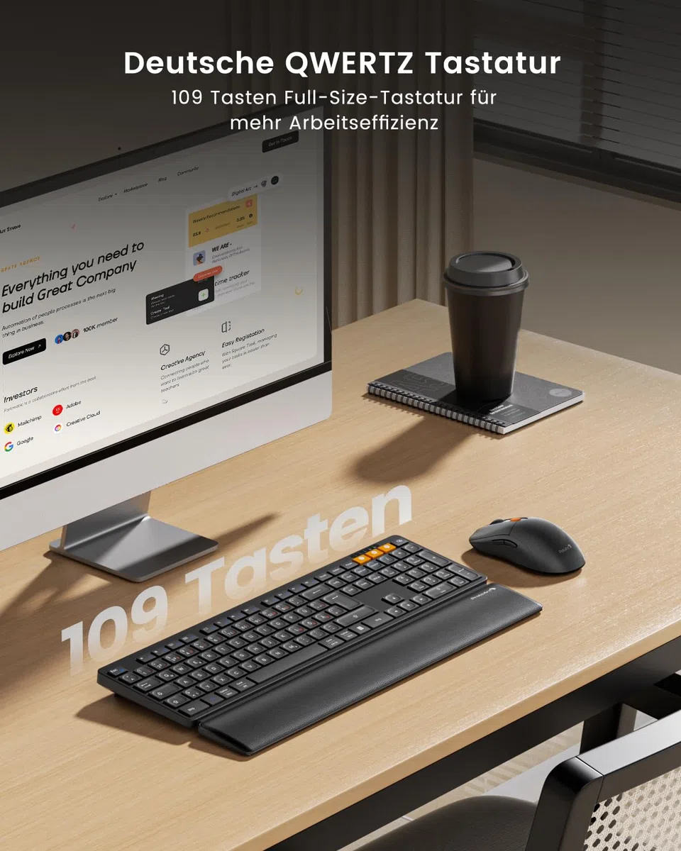 ProtoArc Kabellos Bluetooth Tastatur Maus Set, KM60 Full-Size Tastatur und Maus mit Handballenauflage, Wiederaufladbar, 2.4GHz + Dual Bluetooth, QWERTZ Deutsch, für PC, Computer, Mac, Windows, Schwarz