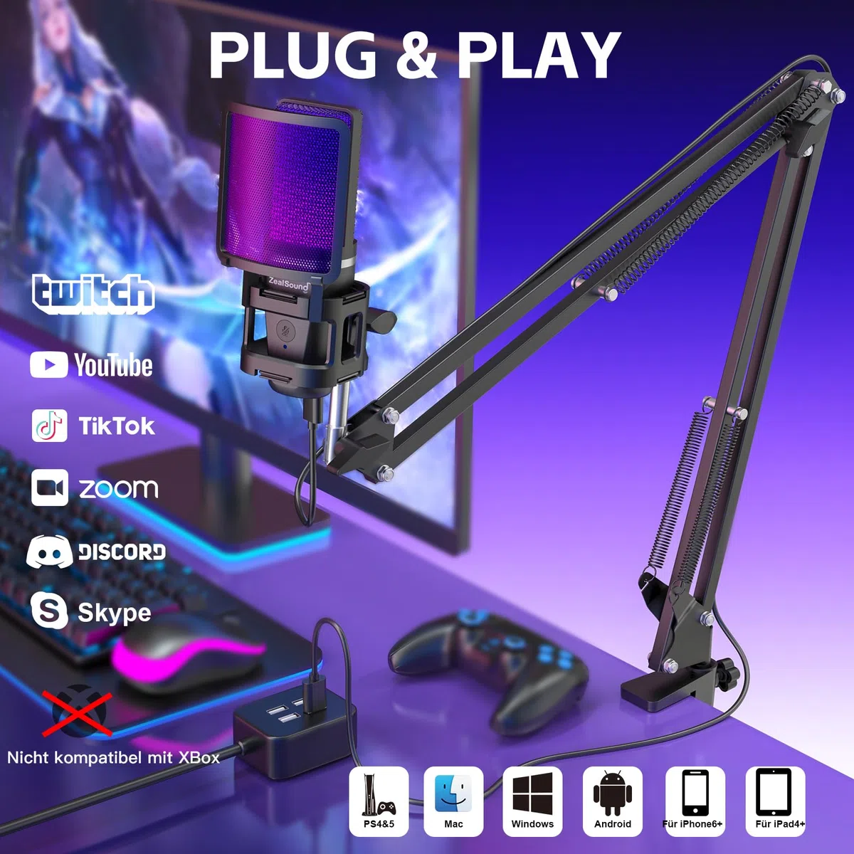 zealsound USB Gaming Mikrofon mit Boom Arm & Tischstativ (2 Ständer), Plug und Play Podcast Mikrofon für PC & Handy, mit Tap-to-Mute, Gain-Regler, Monitoring, für Streaming, Discord, Zoom