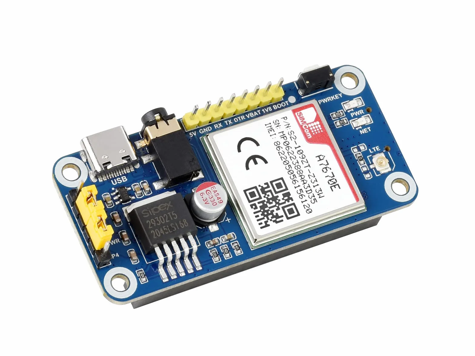 Waveshare A7670E LTE Cat-1 HAT for Raspberry Pi Enabling LTE Cat-1 / 2G Communication & LBS Positioning Multi Band Support 2G GSM/GPRS