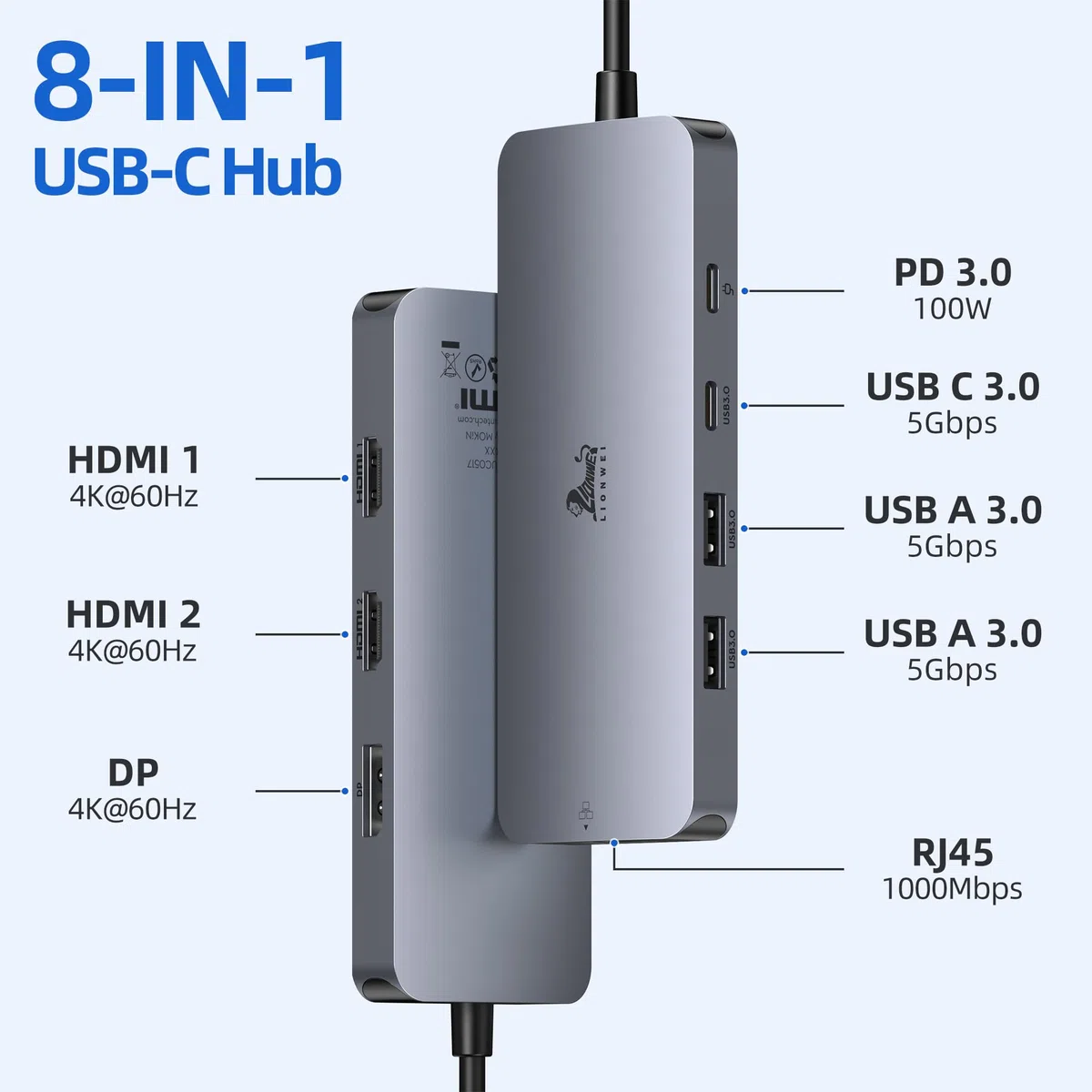 USB C Docking Station Dual Monitor 8 in 1 Laptop Docking Station 2 Monitore USB C Hub mit 4K Dual HDMI, DisplayPort, 1Gbps Ethernet, 100W PD, 3 USB A/C 3.0 Adapter Kompatibel mit Dell, HP