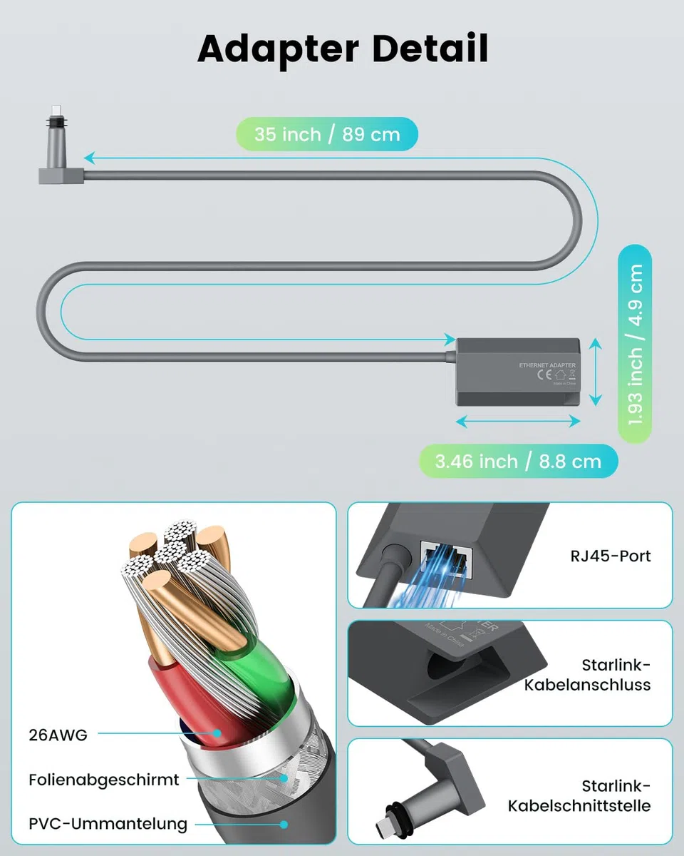 Mwin Ethernet Adapter für Starlink Gen 2, Starlink Zubehör V2 Ethernet-Adapter für Kabelgebundenes Externes Netzwerk, Schnelle und Stabile Verbindung für Satellit Internet Gen 2, Cable Length 89CM