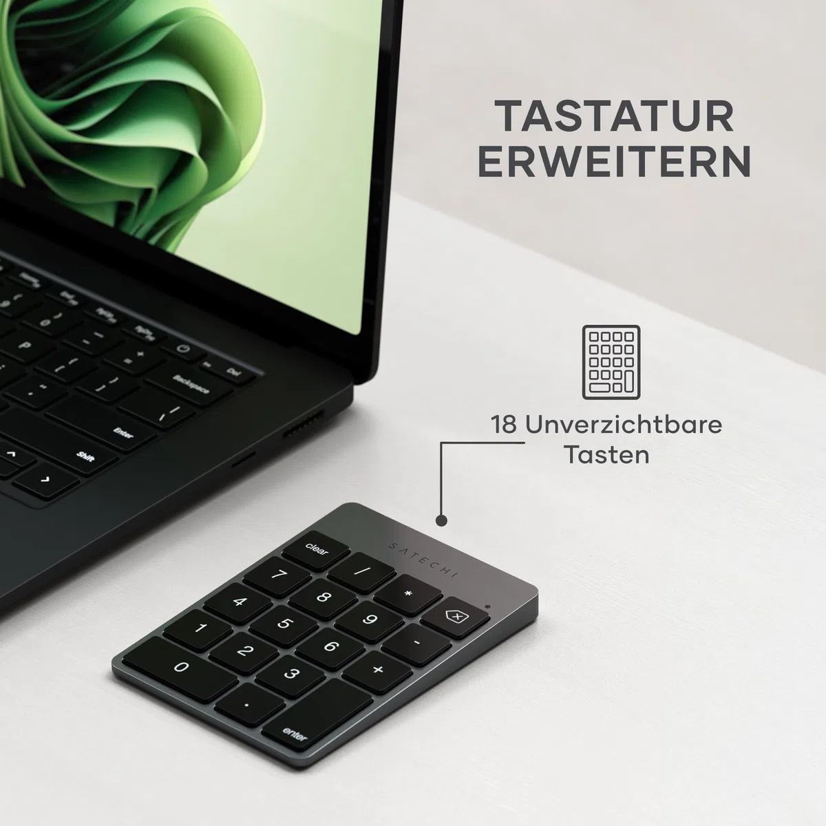 SATECHI 18-Tasten Bluetooth Zahlenblock – Kabelloser Aluminium 18-Tasten Nummernblock – USB-C wiederaufladbares Numpad, Ziffernblock für MacBook, Windows, iMac, Mac mini, Laptops & mehr – Space Grau