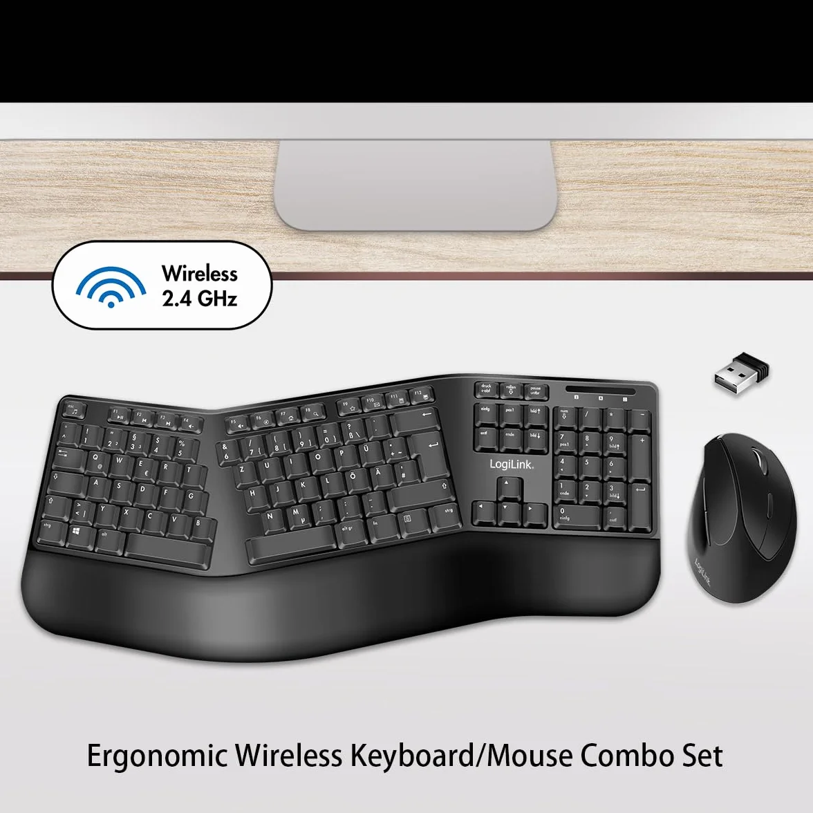 Ergonomisches Funk-Tastatur-Maus-Set mit geteilter Tastatur (mit 13 Multimedia Keys)