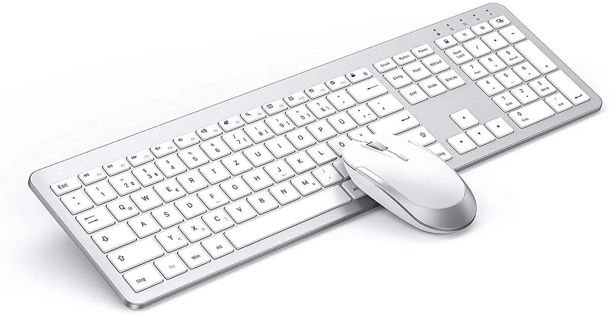 Tastatur Maus Set Kabellos, seenda SK38-3 Ultra-Dünne Wiederaufladbare Funktastatur, Ergonomische Keyboard Mouse mit Silikon Staubschutz für PC/Laptop/Smart TV, QWERTZ Layout (Weiß und Silber)