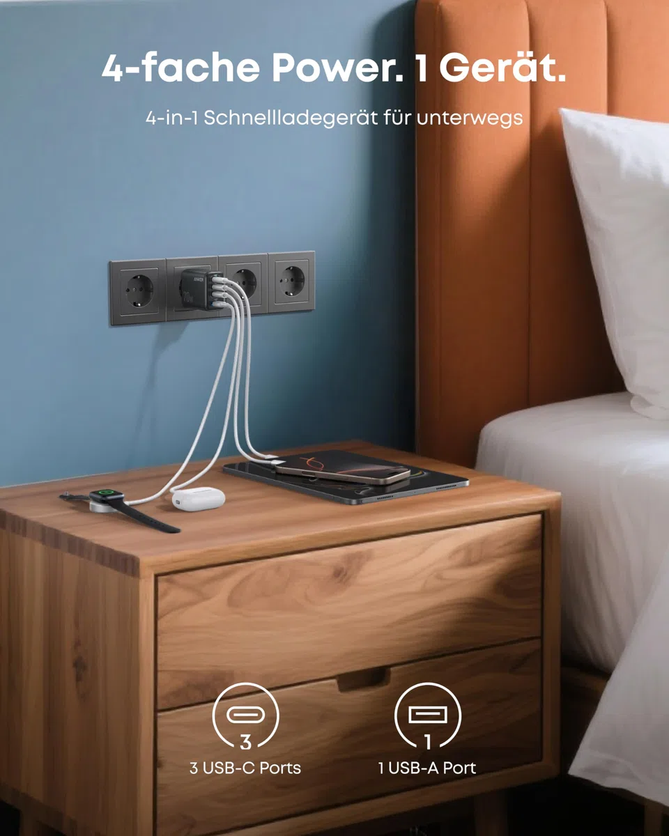 Anker Zolo 70W USB C Ladegerät, 4-Port-Netzteil mit ultraschnellen 70W, kompakt & stabil, für iPhone 17/16/15, MacBook Air, iPad, Pixel, Galaxy u.v.m. (Kabel Nicht enthalten)