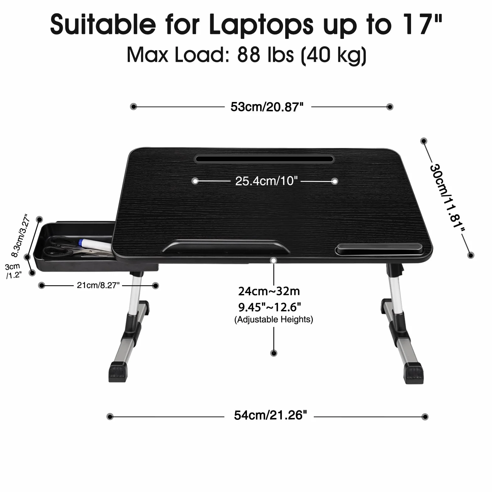 Laptoptisch fürs Bett, Höhenverstellbar, Winkelverstellbar, Betttisch Klappbar mit Schublade, Tablet-Ständer, Laptop Tisch für Bett, Sofa, Couch, Boden (53 x 30 cm, Schwarz)