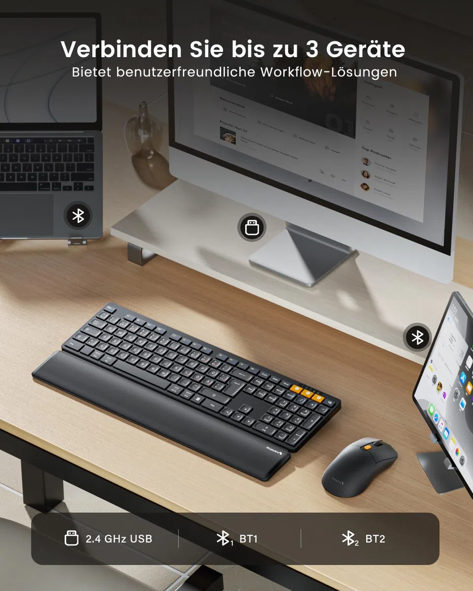 ProtoArc Kabellos Bluetooth Tastatur Maus Set, KM60 Full-Size Tastatur und Maus mit Handballenauflage, Wiederaufladbar, 2.4GHz + Dual Bluetooth, QWERTZ Deutsch, für PC, Computer, Mac, Windows, Schwarz