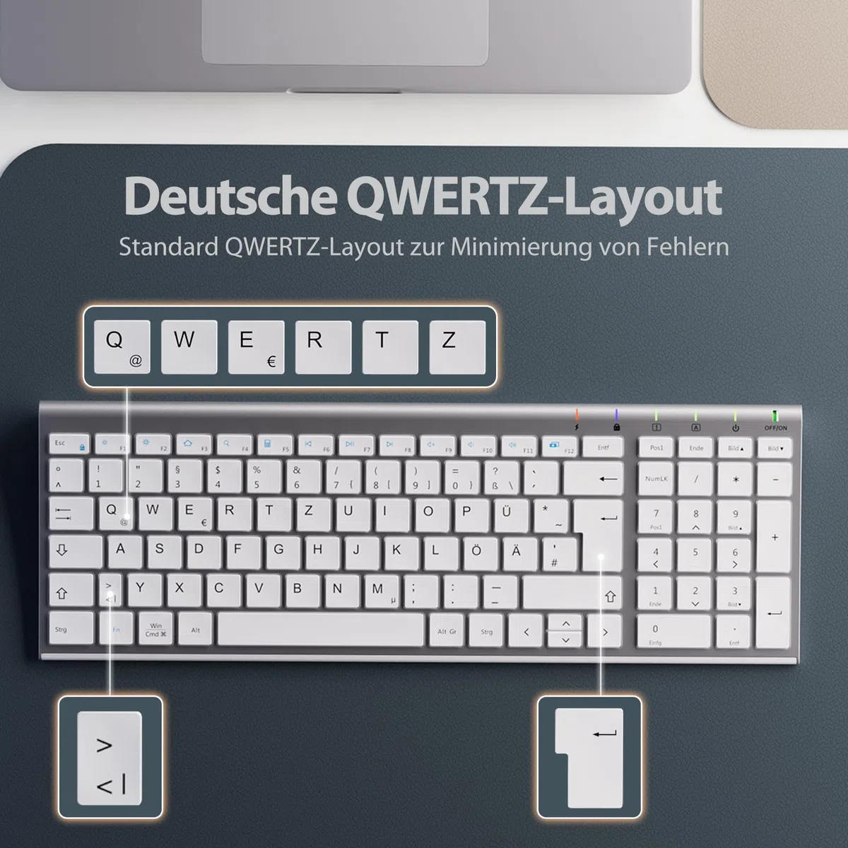Tastatur Maus Set Kabellos, iClever Kabellose Tastatur und Maus, Wiederaufladbare, Deutsche QWERTZ Layout Funktastatur für Computer/Desktop/PC/Laptop/Windows 10/8/7, Weiß und Silber