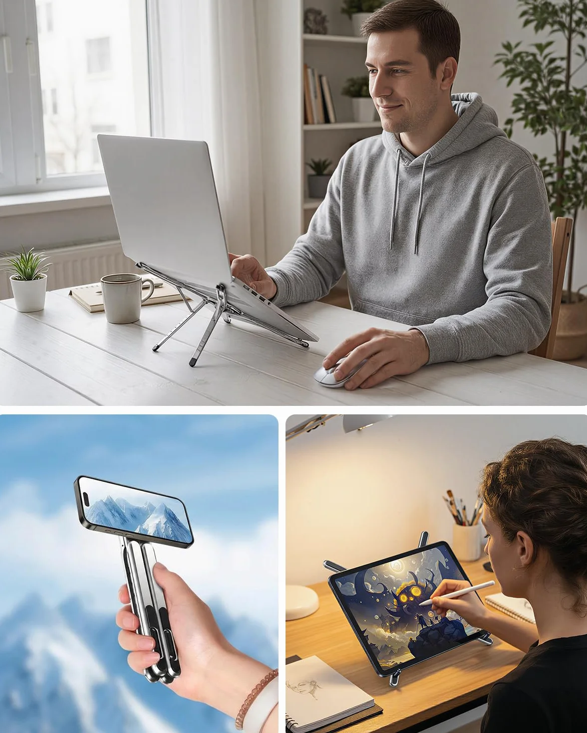SupeDesk Laptop Ständer tragbar,3-in-1 höhen- und winkelverstellbarer Laptopständer aus leichter Aluminiumlegierung,magnetisch,hochbelüfteter & ergonomischer Laptop Stand für 4-16” Laptop/Tablet/Handy