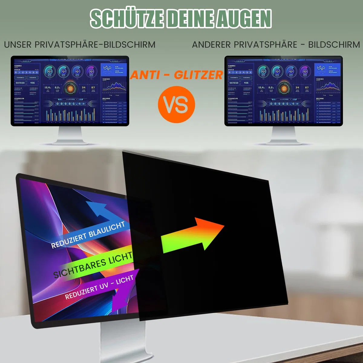 Blickschutzfolie für 31,5 Zoll 16:9 Monitor, Abnehmbarer Sichtschutzfilter mit Blaulichtfilter, HD Privacy Screen 31.5 mit Anti-Glare & Blendschutz, Breite x Höhe: 697 mm x 392 mm