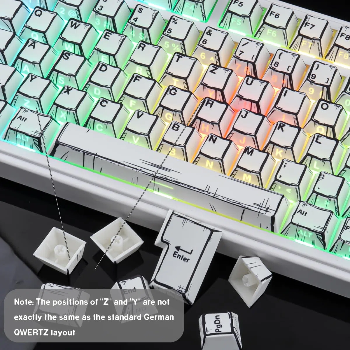 PBT German Keycaps, 133 Keys Manga White Keycap, Retro Style Side Printed Shine Through Dye Sub Keycap for Cherry MX Switch ISO QWERTZ Layout Mechanical Keyboards