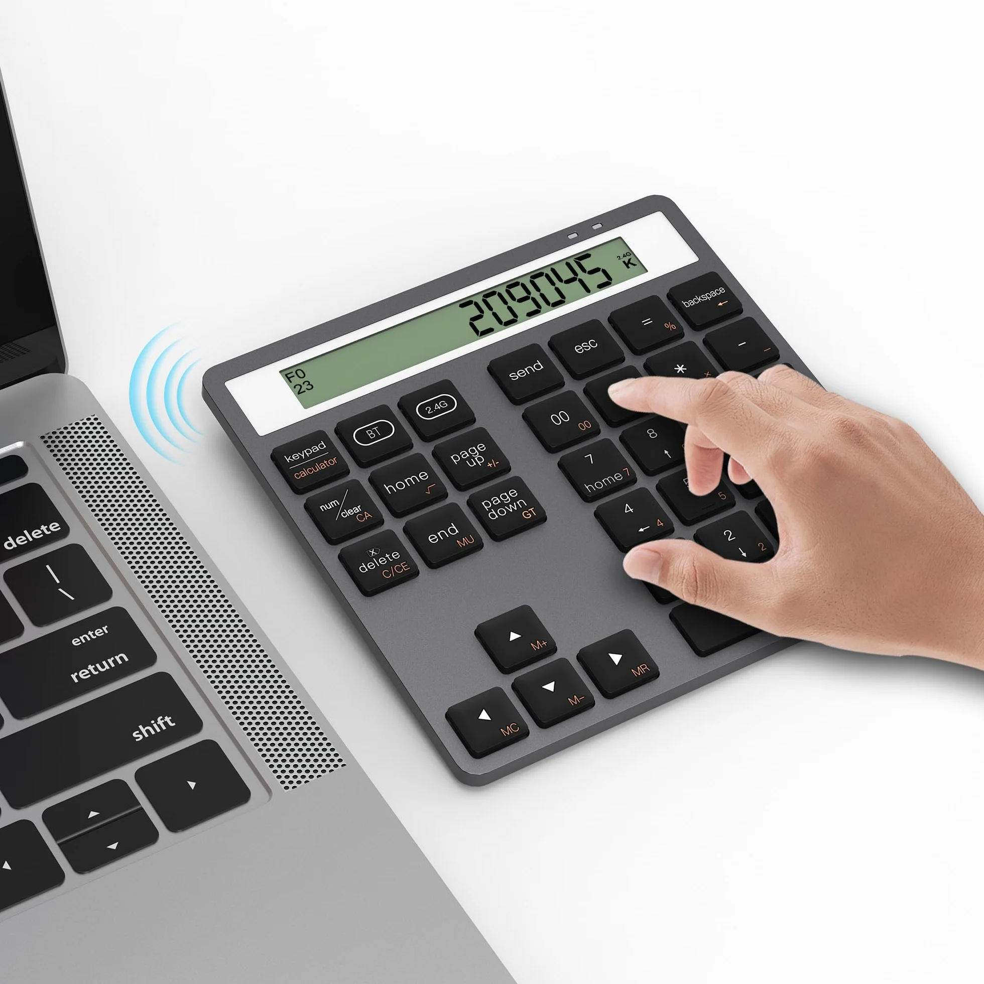 2-in-1 Ziffernblock mit Taschenrechner, 34 Leise Tasten Bluetooth 5.0&2.4G Numpad für Windows/Mac/iOS/Android, Nummernblöcke für Laptop/PC/iPhone/iPad Number Pad Ergonomisch für Excel Buchhaltung Büro