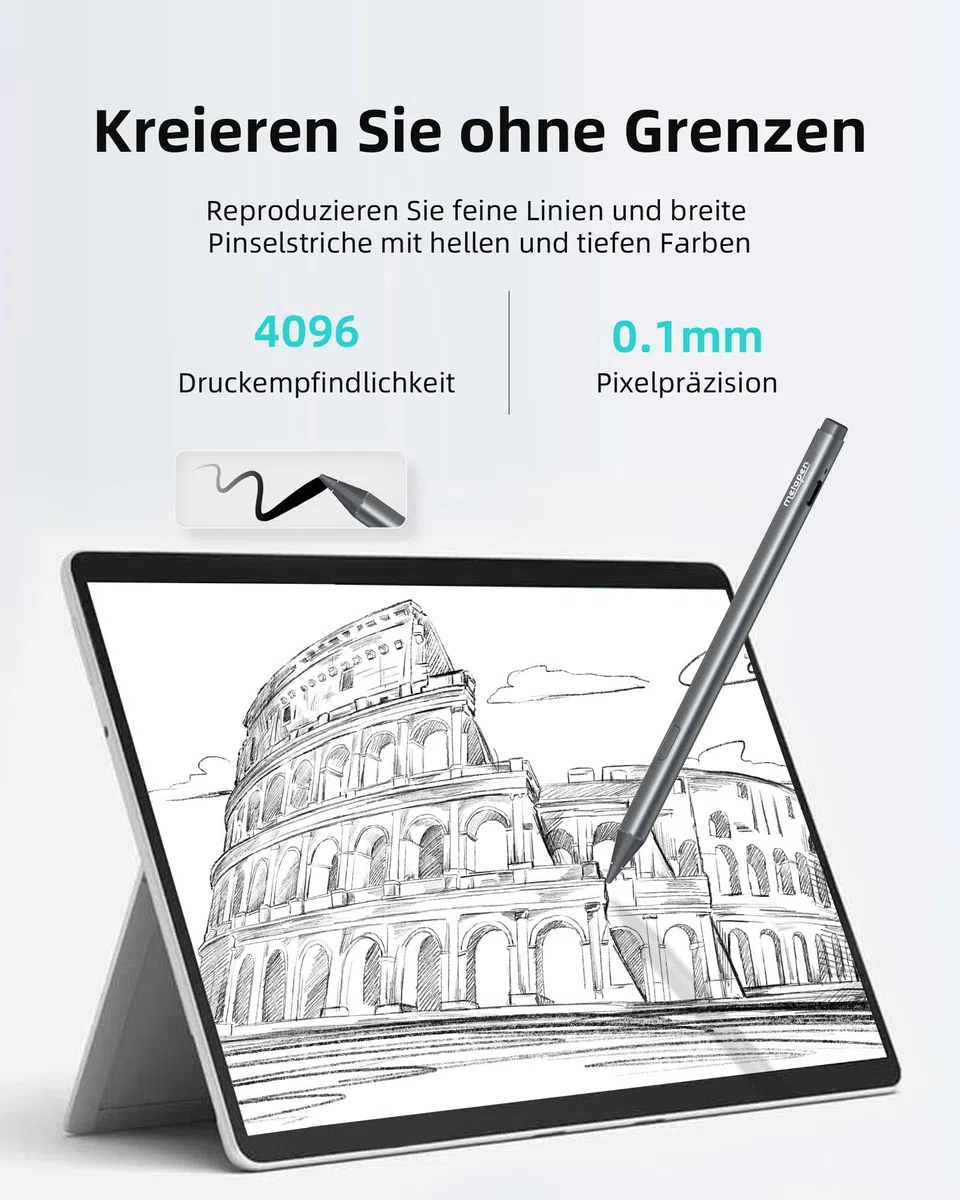 Metapen Stift M2 für Surface, 4096 Druckstufe, Tail-Radierer, Neigungserkennung, USB-C-Aufladung (100 Std. Akkulaufzeit), Kompatibel mit Surface Pro X/8/7/6/5/4/3, Surface 3/ Duo/2