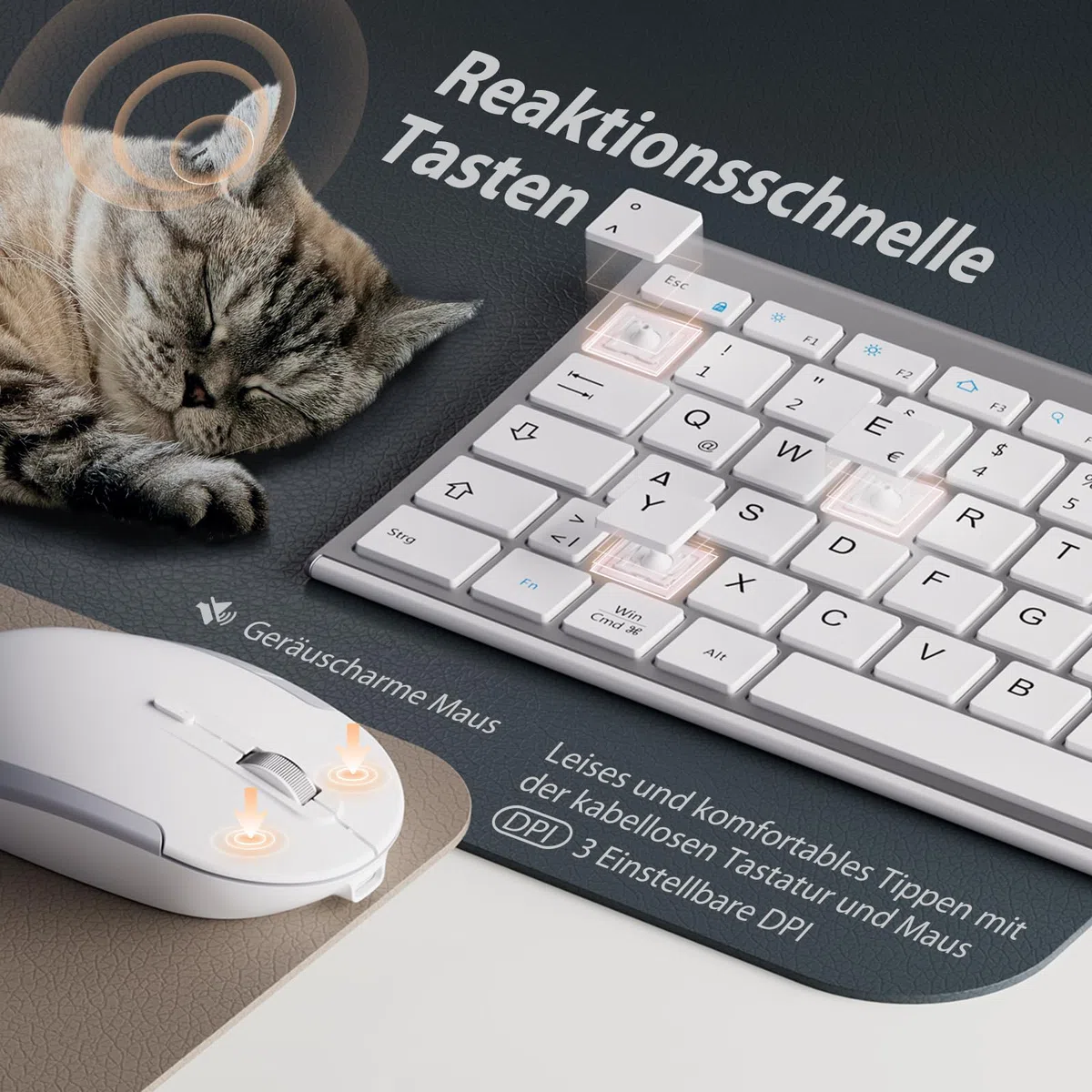 Tastatur Maus Set Kabellos, iClever Kabellose Tastatur und Maus, Wiederaufladbare, Deutsche QWERTZ Layout Funktastatur für Computer/Desktop/PC/Laptop/Windows 10/8/7, Weiß und Silber