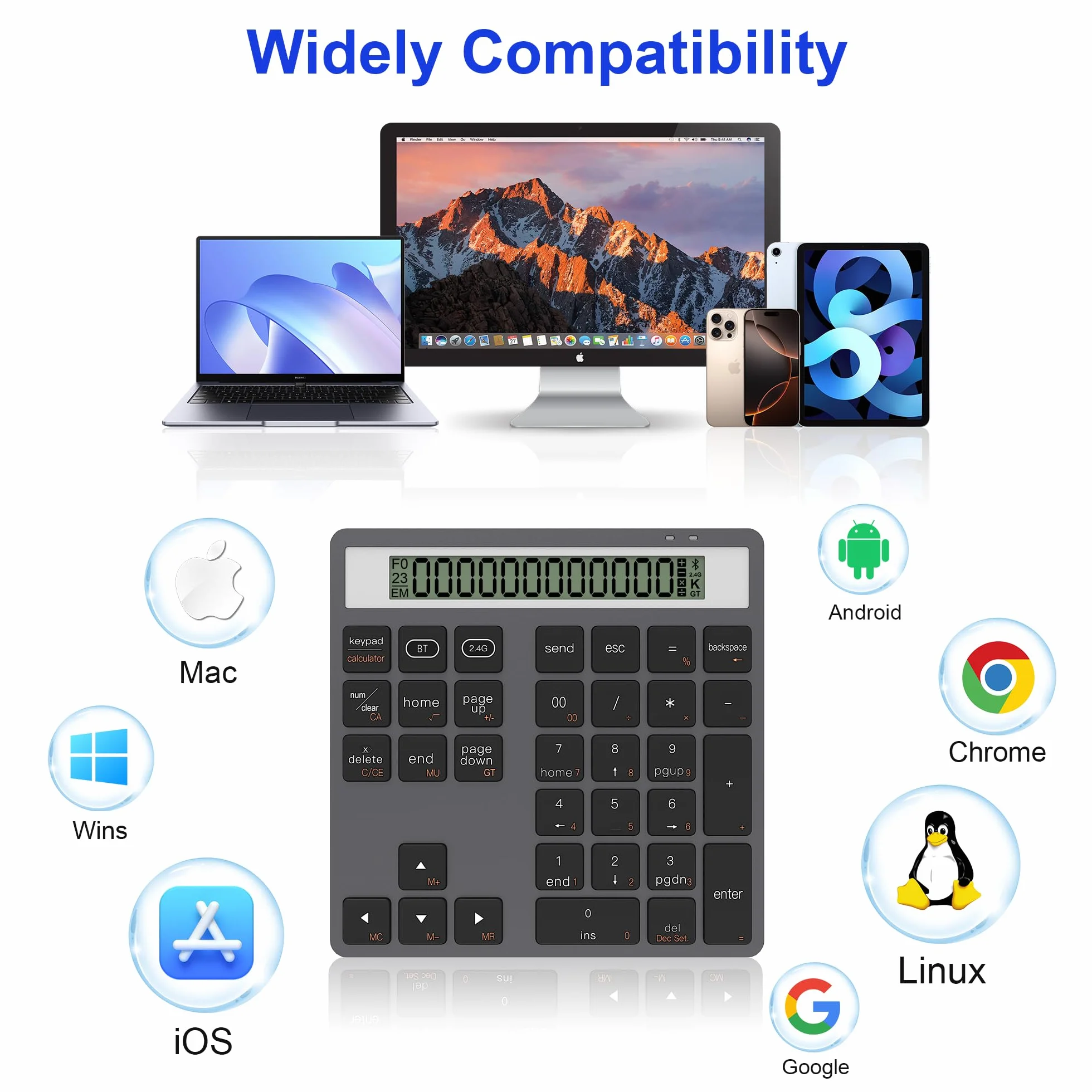 2-in-1 Ziffernblock mit Taschenrechner, 34 Leise Tasten Bluetooth 5.0&2.4G Numpad für Windows/Mac/iOS/Android, Nummernblöcke für Laptop/PC/iPhone/iPad Number Pad Ergonomisch für Excel Buchhaltung Büro