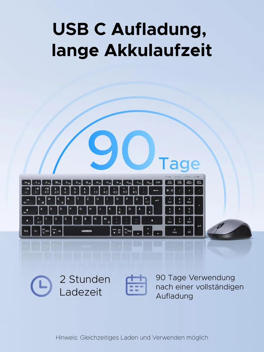 UGREEN Bluetooth Tastatur Maus Set kabellos (Bluetooth+2.4G), Wiederaufladbare Scherentastatur mit Maus 4000 DPI, Ultraslim Tastatur und Funkmaus für Windows/macOS/Linux/Android-QWERTZ Layout