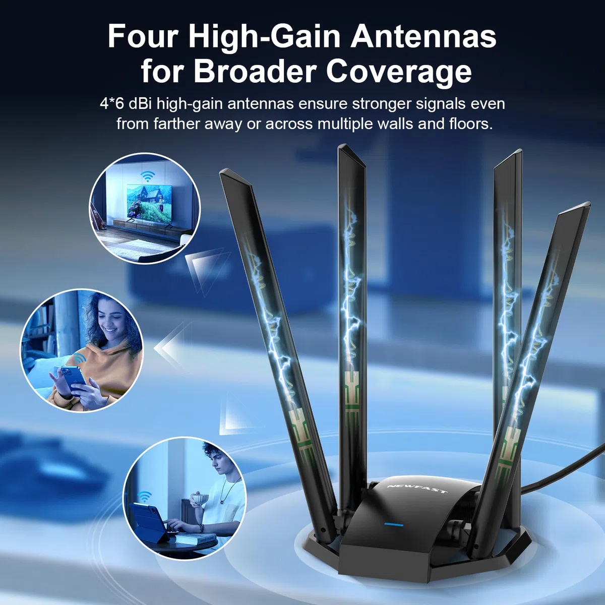 NEWFAST 1300 Mbit/s WLAN Stick für PC,Leistungsstarker WiFi Adapter mit 4x6dBi High Gain Antennas,WLAN Adapter Dual-Band (5GHz/2.4GHz),WPA3-Encryption,MU-MIMO,Only for Windows 11/10/8.1/8/7/XP