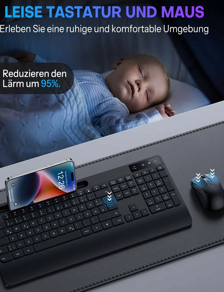 Tastatur Maus Set Kabellos - Funk Tastatur Ergonomische mit Handgelenkauflage, QWERTZ Leise, Kabellos Maus und Tastatur, 2,4GHz Wireless Keyboard and Mouse für Windows Computer, Laptop, PC