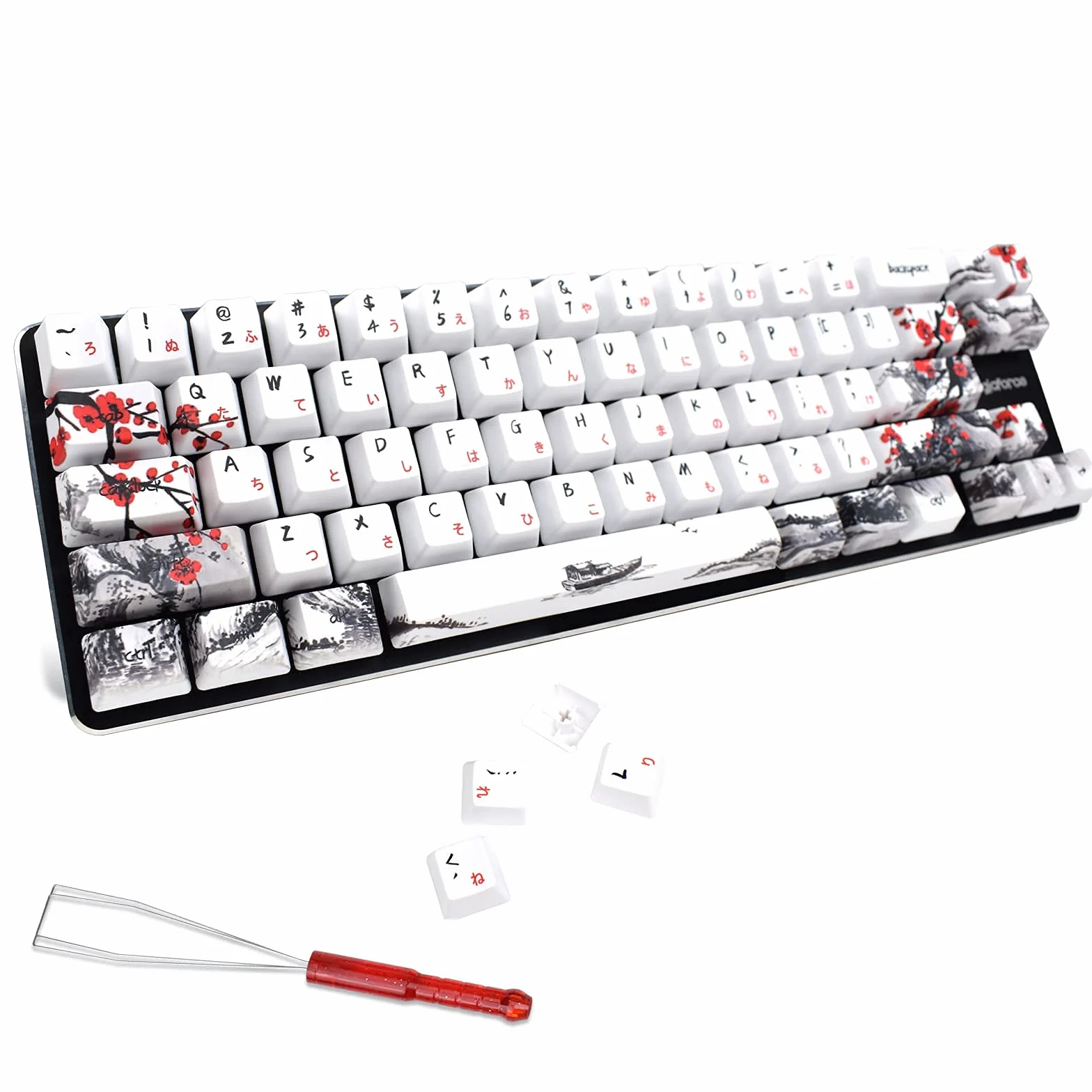MOLGRIA Tastenkappen 71 Set für Gaming mechanische Tastatur, benutzerdefinierte PBT OEM Profile Tastenkappen japanische Schriftart für Cherry MX 71/61 60% Tastatur (Pflaumenblüte)