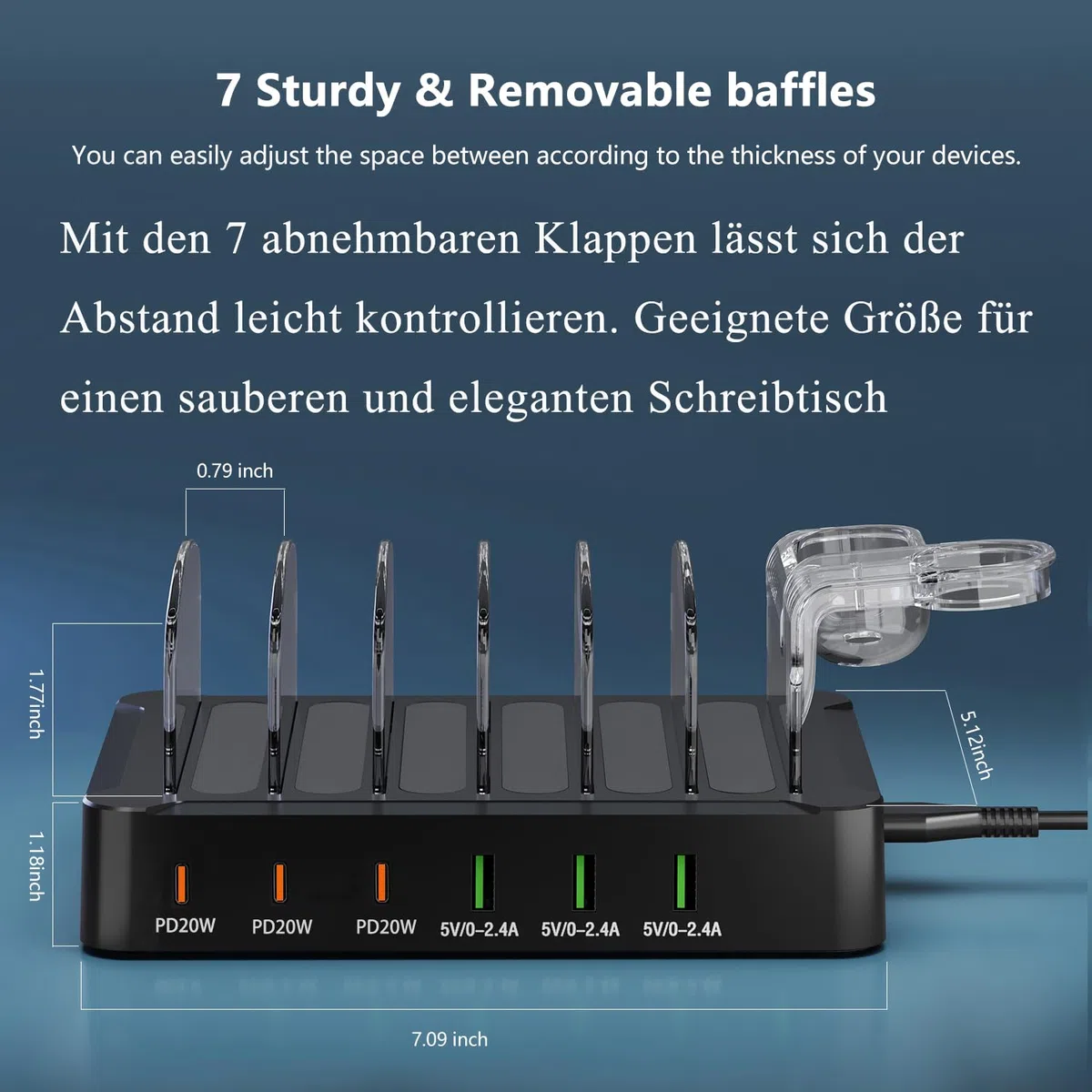 Ladestation USB C Multi Dock 6 Ports PD 96W Smart Schnellladedockstation 3X PD 20W USB C Ladeanschluss, kompatibel für Phones lPad lwatch Stand Tablet Mehrere Geräte (6 Kabel inklusive) (Schwarz)