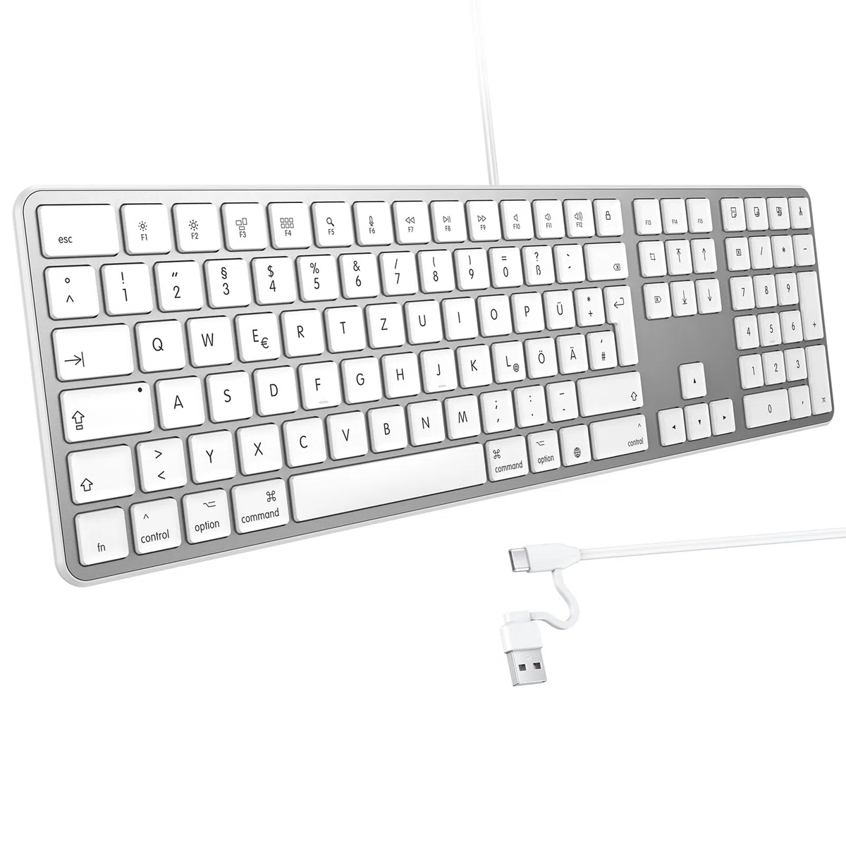 OMOTON Mac-Kabelgebundene-Tastatur mit Ziffernblock, Tastatur Kabel mit Dualem Anschluss (Type C/USB), Flüsterleise Tasten & Stabiler Verbindung, Deutsches Layout (QWERTZ)