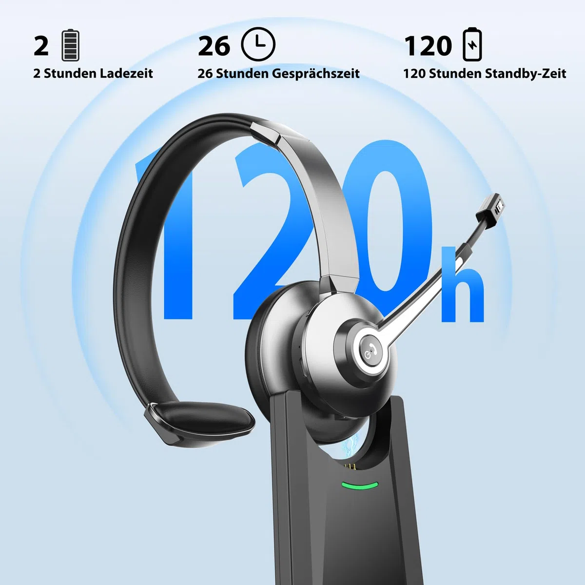 Bluetooth Headset mit Mikrofon，Kabelloses Headset mit USB Dongle & Ladestation, Wireless Office Headset mit Stummschaltung & Rauschunterdrückung Mikrofon für Computer/Call Center/Büro/HomeOffice/Teams