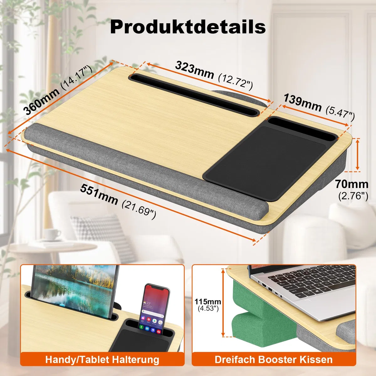 Laptopkissen für Bett mit Kissen, PUTORSEN Laptop Kissen Mausunterlage Passen bis zu 17,3 Zoll Notebook, Höhenverstellbar Lapdesk mit Tablet und Telefon Rille für Lernen, Gelb