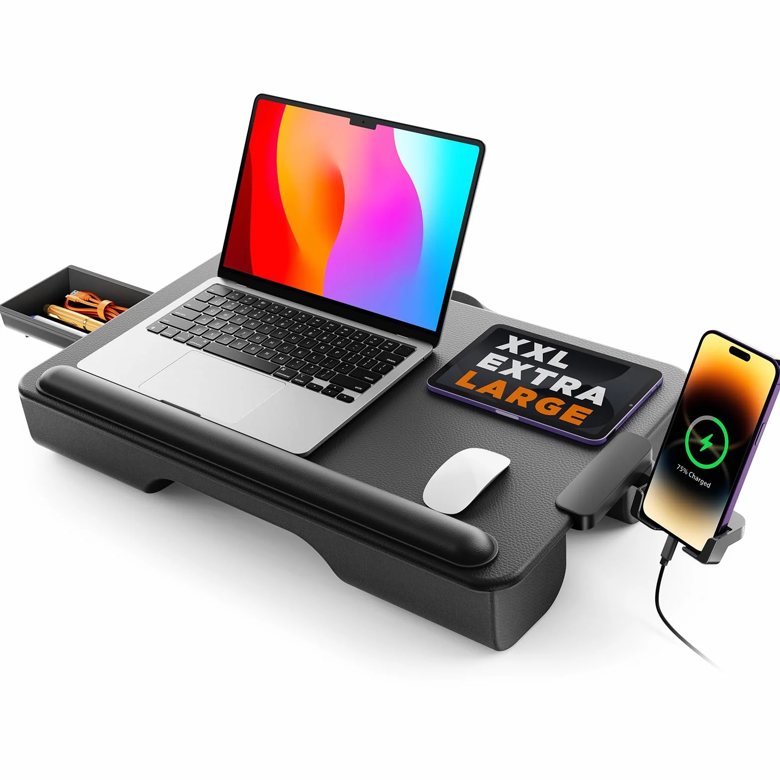 Laptopkissen, Laptop Ständer Bett, SAIJI Stabil Laptop Kissen, neues Komfortables Leder, bis zu 17", mit Handgelenkauflage, Handyhalterung, Schublade, für Sofa, Bett, Tisch