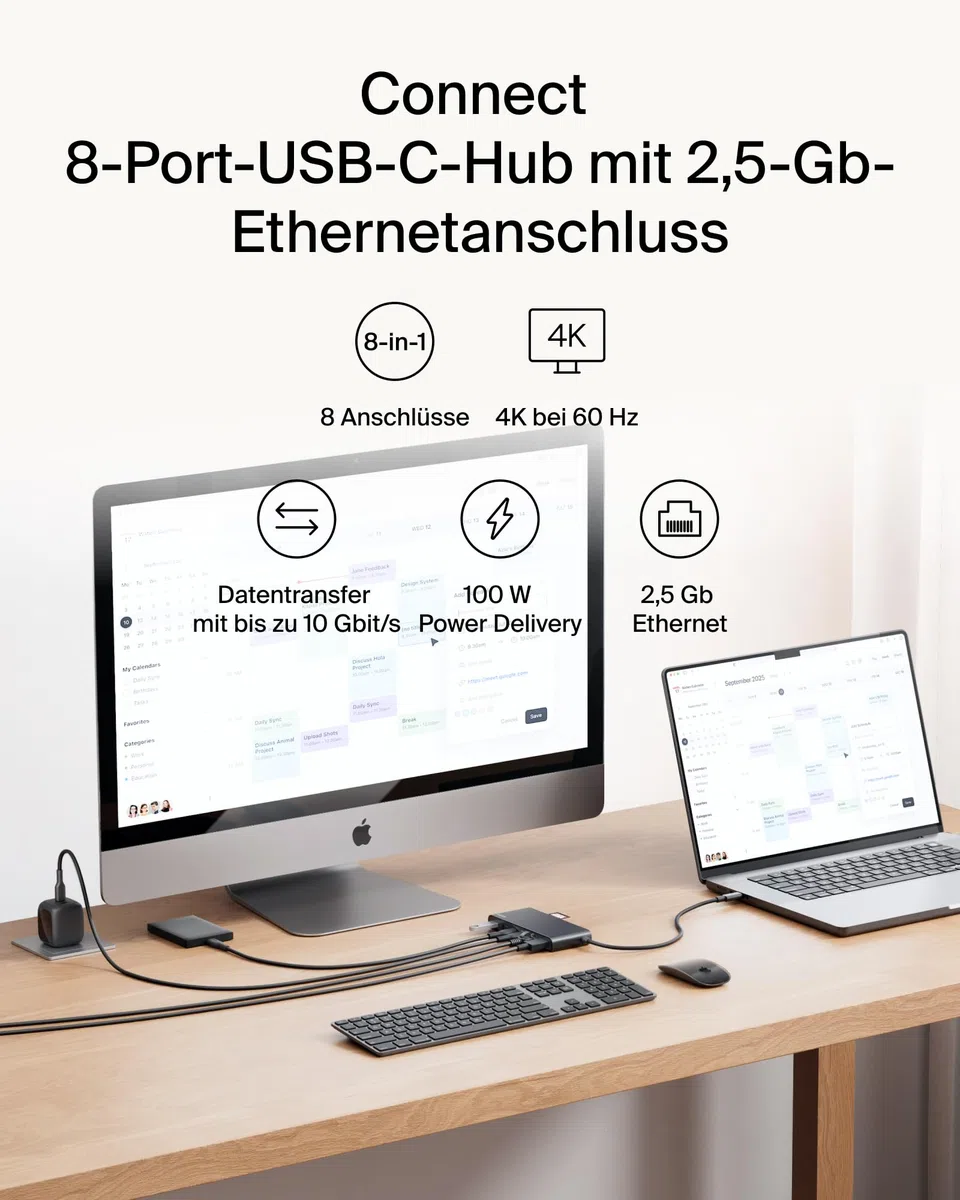 Belkin Connect 8-in-1 USB C Hub, Bildschirmauflösungen bis zu 4K bei 60 Hz – geeignet für Mac-, Windows- und Chromebook-Laptops; 100 W PD; Datentransfer mit 10 Gbit/s; 2,5-Gbit/s Ethernet – Schwarz