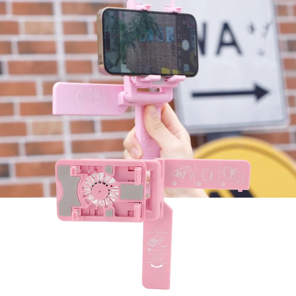Handy-Kühler, Handy-Kühlerständer mit Verstellbarer Höhe und RGB-Lichtern – Schneller Lüfter für Live-Streaming und Gaming – Kompatibel mit Geräten von 62 Mm Bis 80 Mm (Rosa)