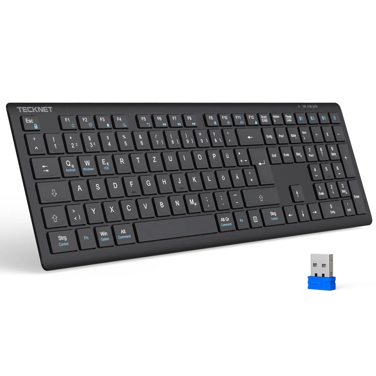 TECKNET Bluetooth Tastatur Kabellose, Wiederaufladbare Multi-Device Flach Keyboard mit Einfacher bis zu 4 Geräte, Ultraflache, Deutsches Layout (QWERTZ), für Mac, Windows, iOS, Chrome OS Schwarz