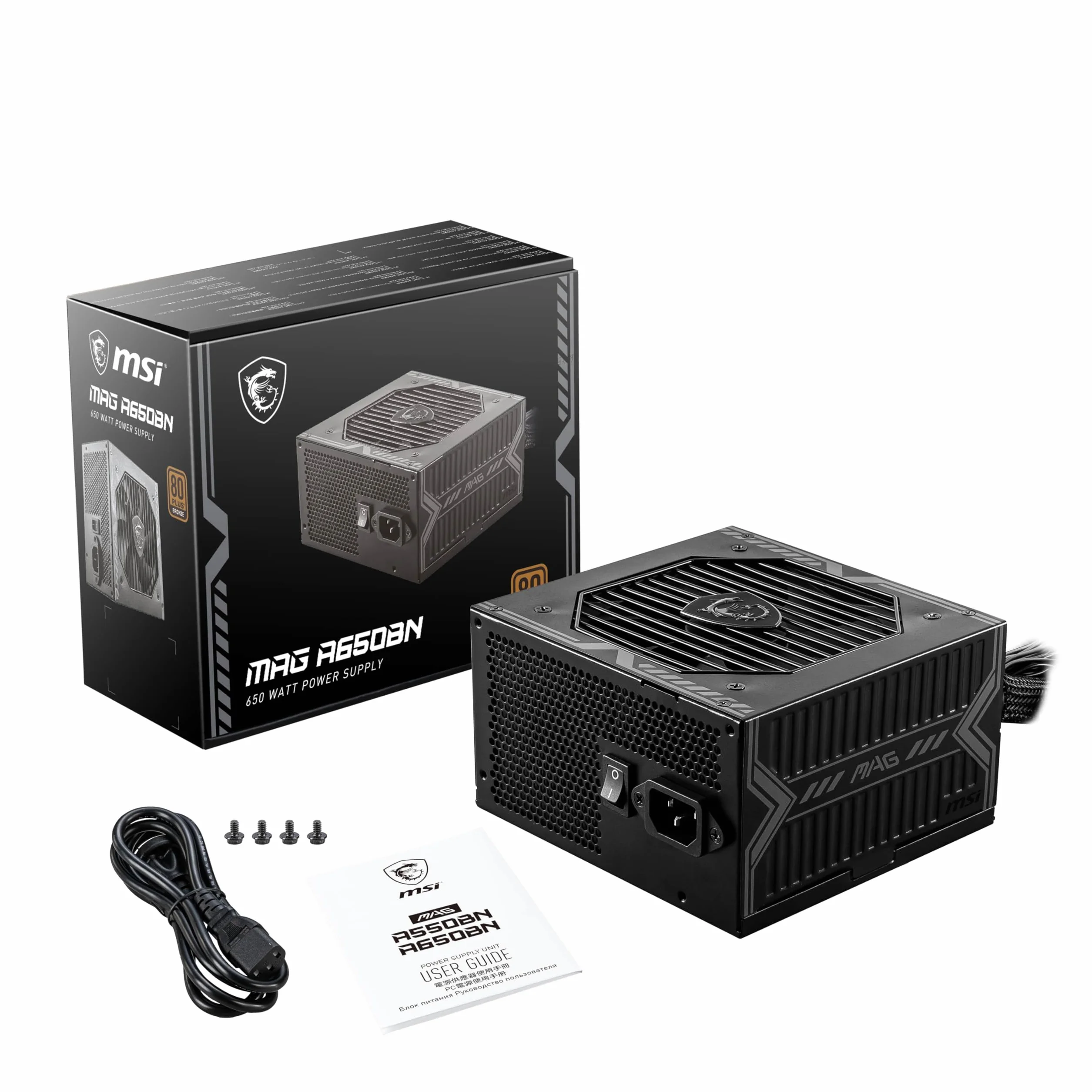 MSI MAG A650BN Netzteil, EU-Stecker - 650W, 80 Plus Bronze Zertifiziert, ATX-Netzteil, 12V Single-Rail, DC/DC-Spannungswandler-Design, 120mm Lüfter - 5 Jahre Garantie