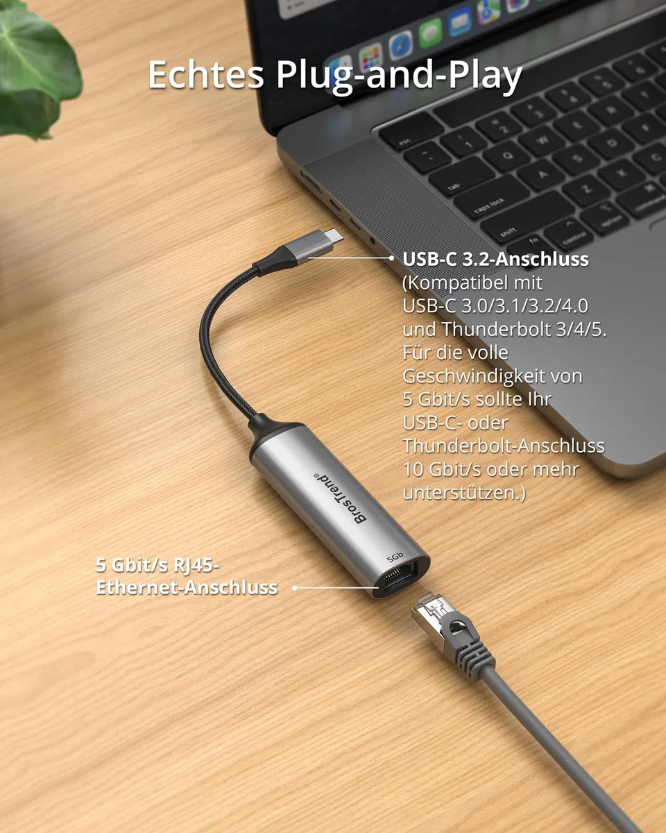 BrosTrend 5Gbps USB C LAN Adapter, 5000Mbit/s USB Ethernet Adapter Netzwerkadapter Plug-and-Play für Windows, MacOS iOS, Linux etc. kompatibel mit PC, MacBook iPad (Thunderbolt 5/4/3), Lifetime-Schutz