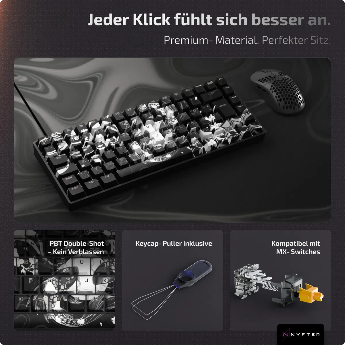 Nyfter - Premium Koi Blossom Keycaps ISO 60% und 75% Custom Keycaps ISO Layout für Mechanische Tastaturen (Black, 75%)