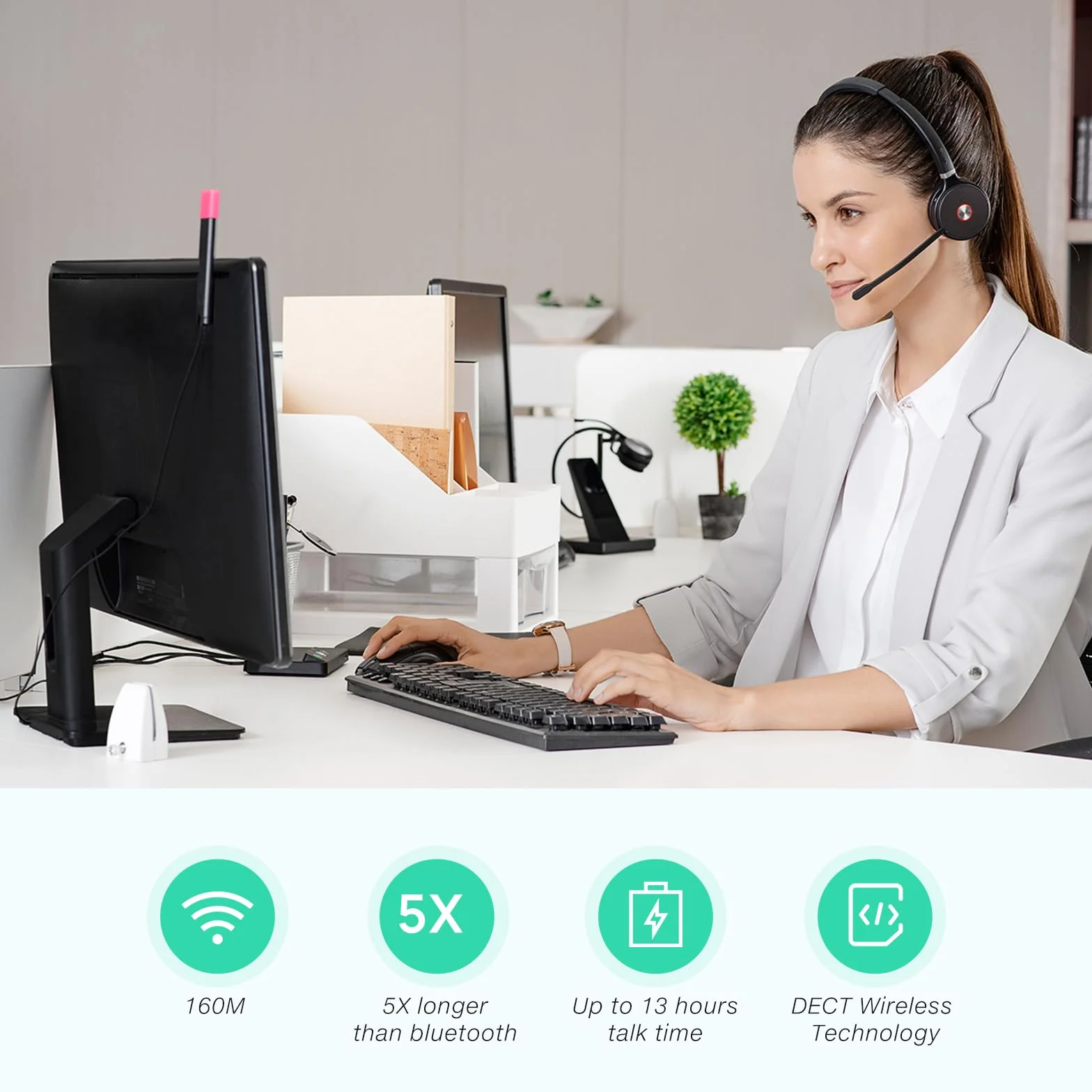 Yealink WH62 Mono DECT Headset kabellos mit Mikrofon (Einseitig), 160m Reichweite, 13 Std. Sprechzeit, Teams Zertifiziert Business Headset mit Mikrofon für Office Telefon & PC, Kompatibel mit Zoom