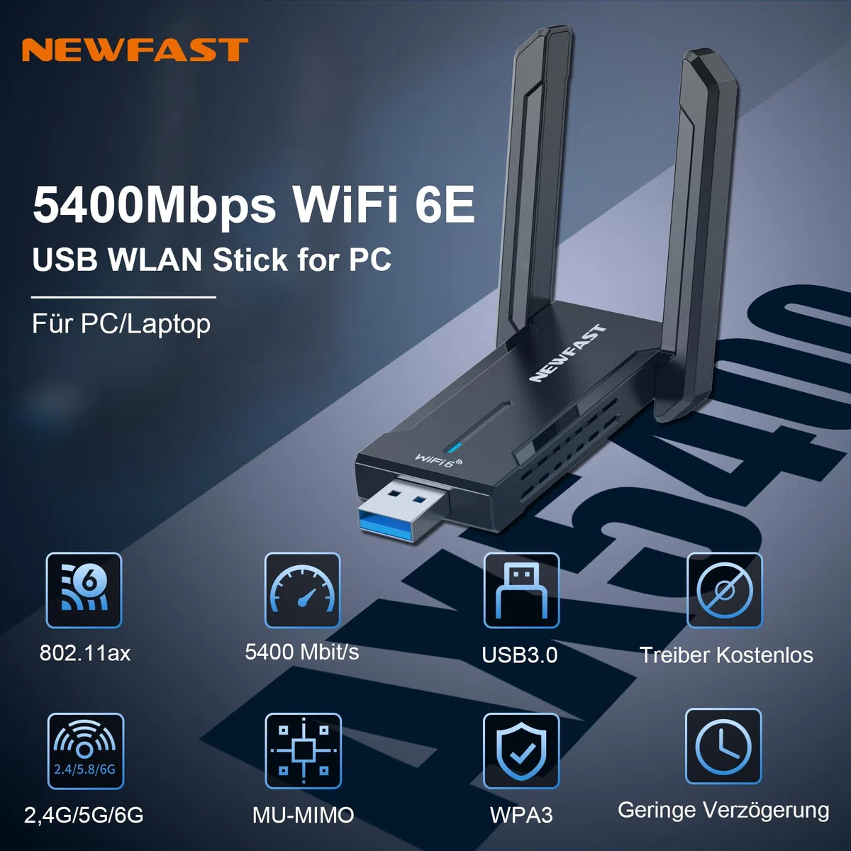 NEWFAST 5400Mbps USB WLAN Stick for PC,Tri-Band (6GHz/5GHz/2.4GHz) WiFi Adapter Mit 2 * 5dBi High Gain Antennens,WiFi 6E Wireless Adapter,USB 3.0,MU-MIMO WPA3 Encryption,Only for Windows 10/11