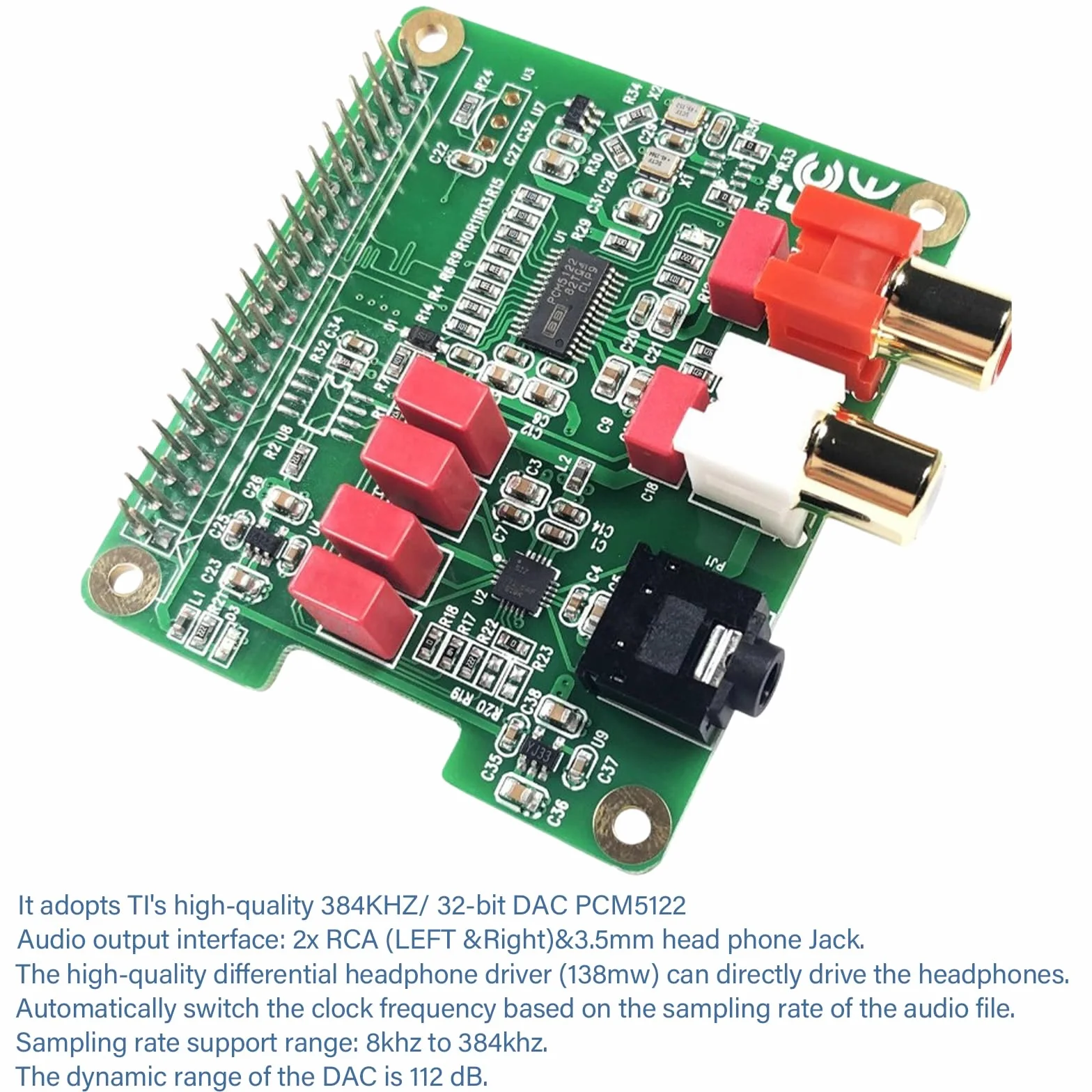 HiFi DAC HAT für Raspberry Pi 5/4/3B+/Zero, PCM5122 Audio-Karte, 384kHz/32bit HiFi Sound Shield mit RCA & 3.5mm Ausgang, Duale Oszillatoren & DOP, 112dB SNR