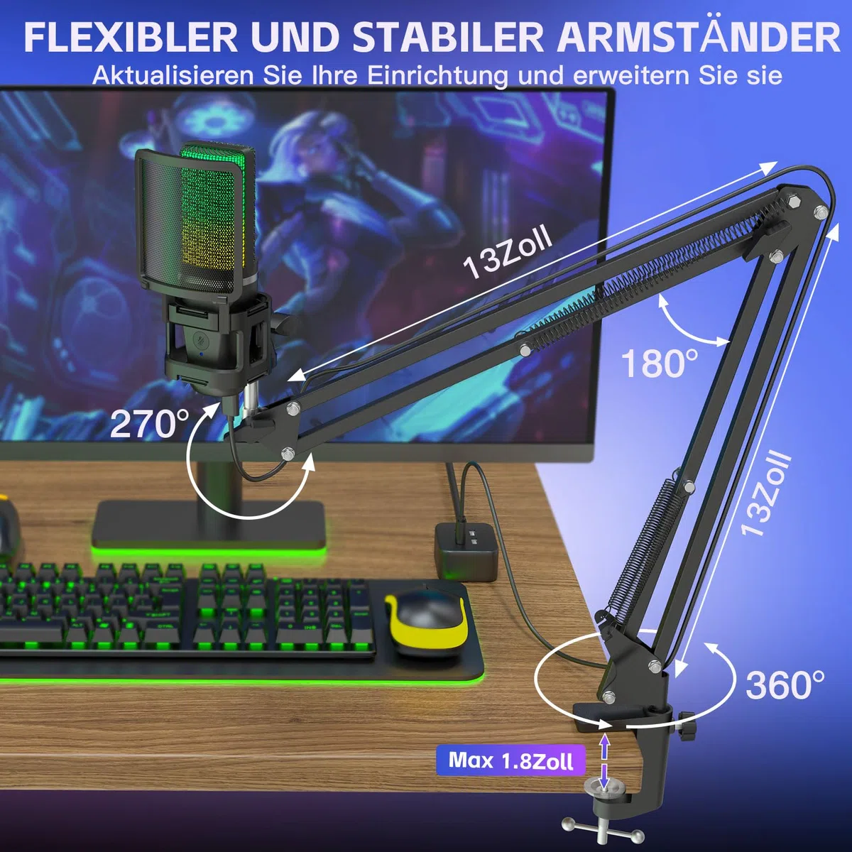 zealsound USB Gaming Mikrofon mit Boom Arm & Tischstativ (2 Ständer), Plug und Play Podcast Mikrofon für PC & Handy, mit Tap-to-Mute, Gain-Regler, Monitoring, für Streaming, Discord, Zoom
