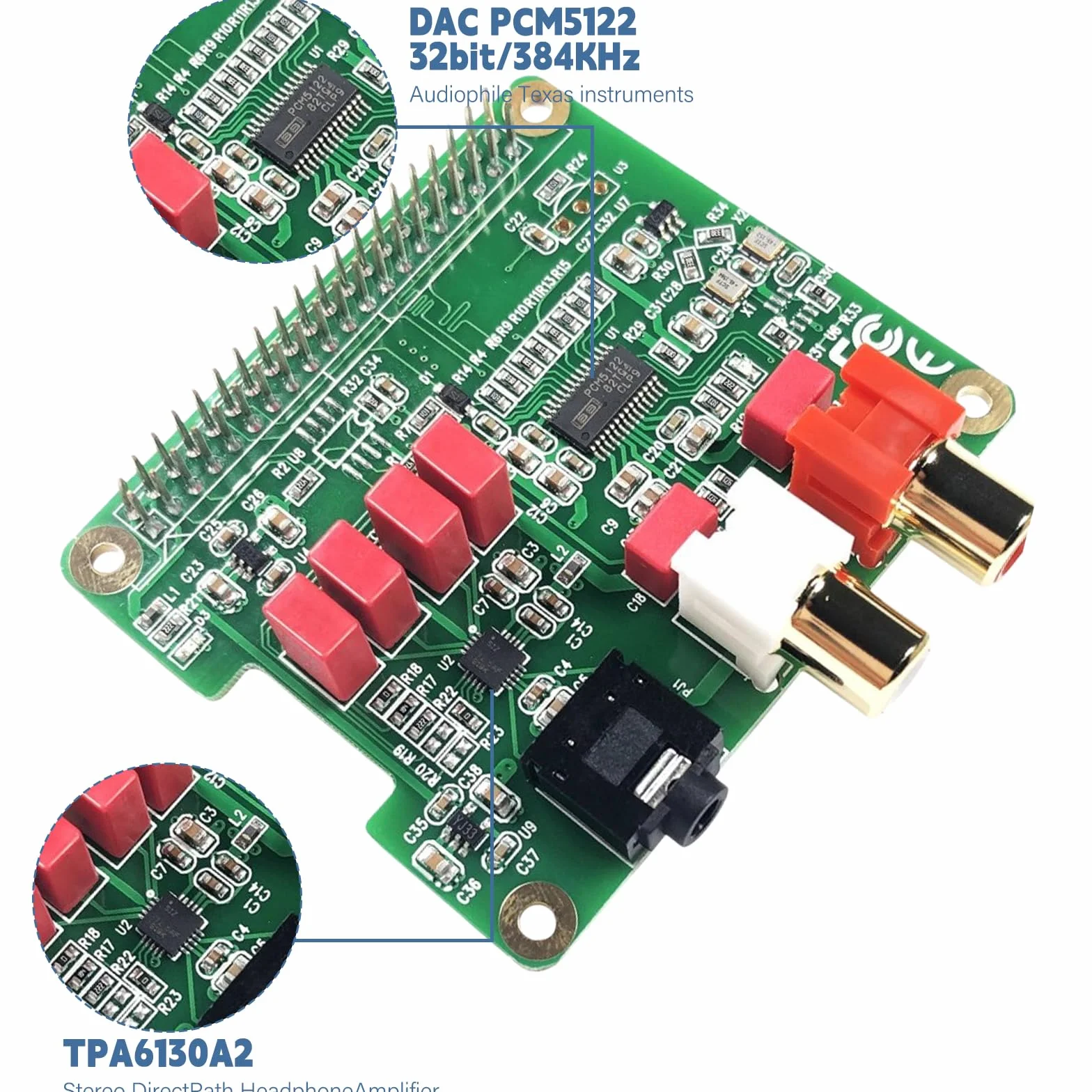 HiFi DAC HAT für Raspberry Pi 5/4/3B+/Zero, PCM5122 Audio-Karte, 384kHz/32bit HiFi Sound Shield mit RCA & 3.5mm Ausgang, Duale Oszillatoren & DOP, 112dB SNR