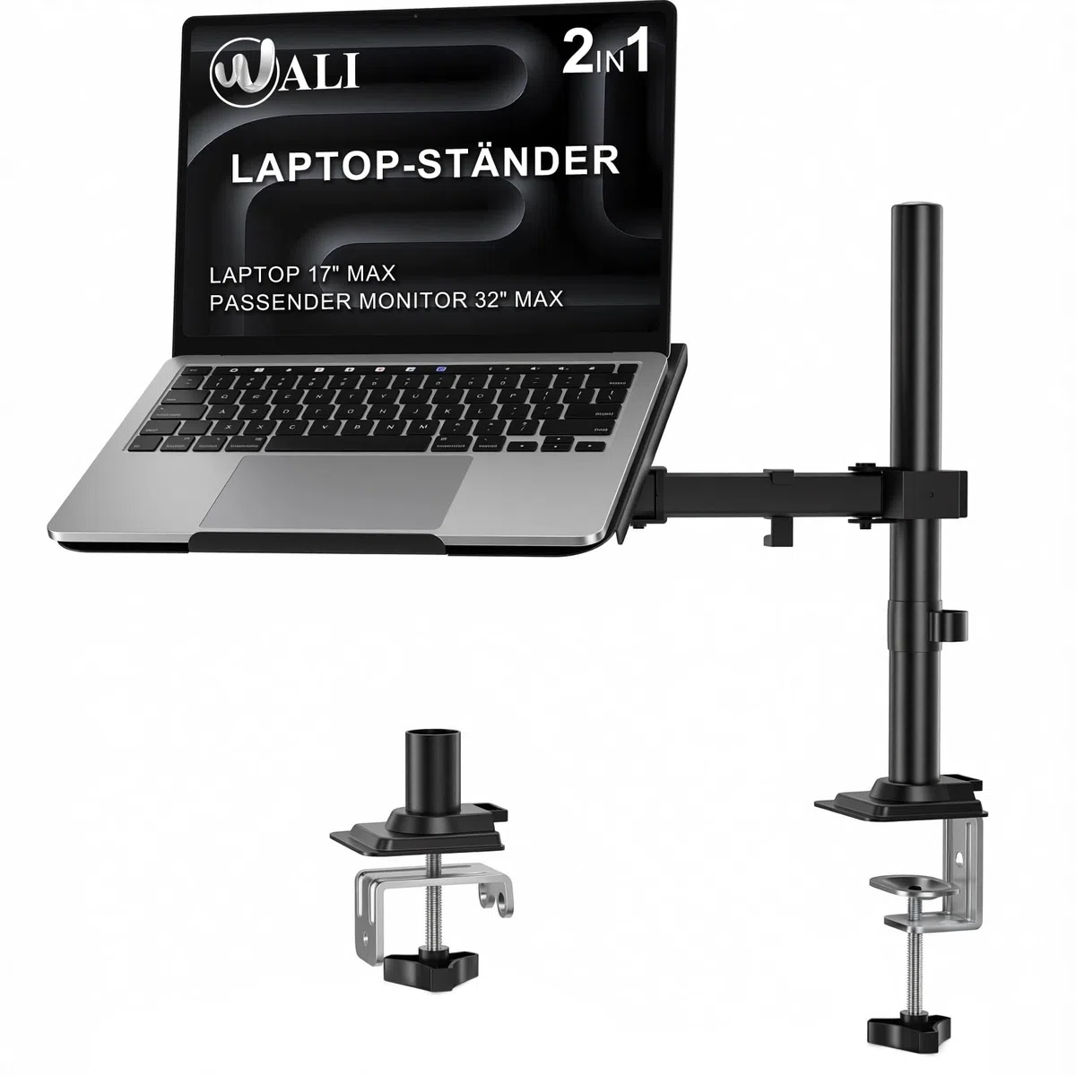WALI Laptop Halterung für Schreibtisch – Ergonomisch Optimiert, Für 17 Zoll Laptops, Voll Verstellbar mit Belüfteter Kühlplattform, 10 kg Tragkraft (M00LP),Schwarz